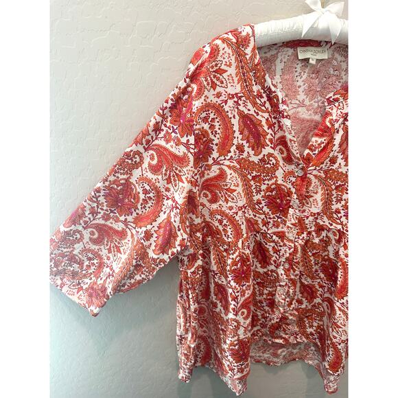 CYNTHIA ROWLEY | Linen Blend Paisley Boho Blouse Orange Pink Flowy Top | 2X - Picture 3 of 7